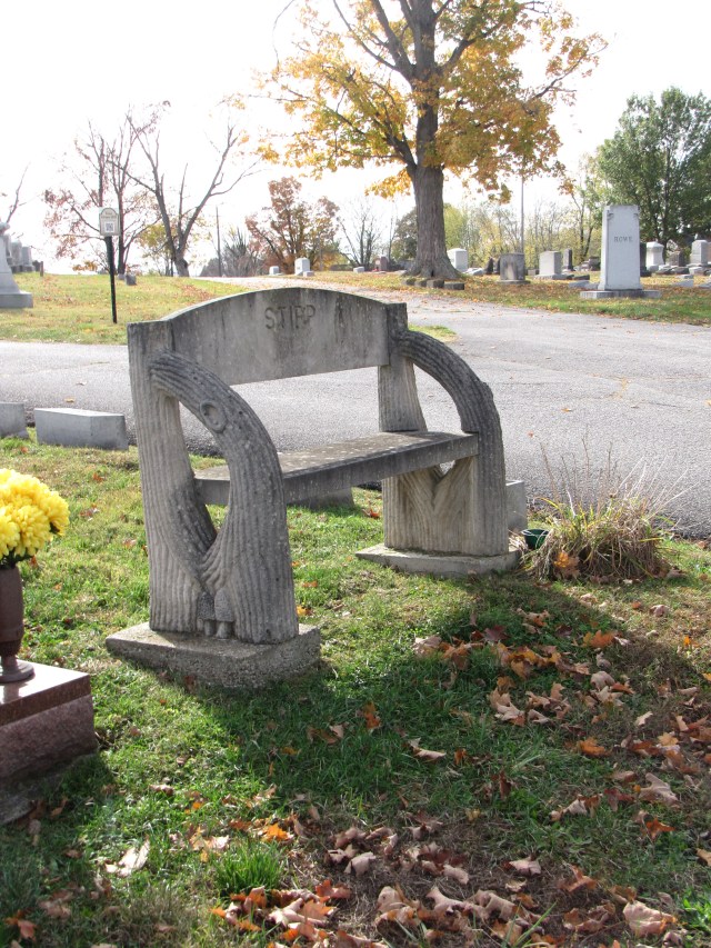 Note the mushrooms carved into the bench--can you spot them?